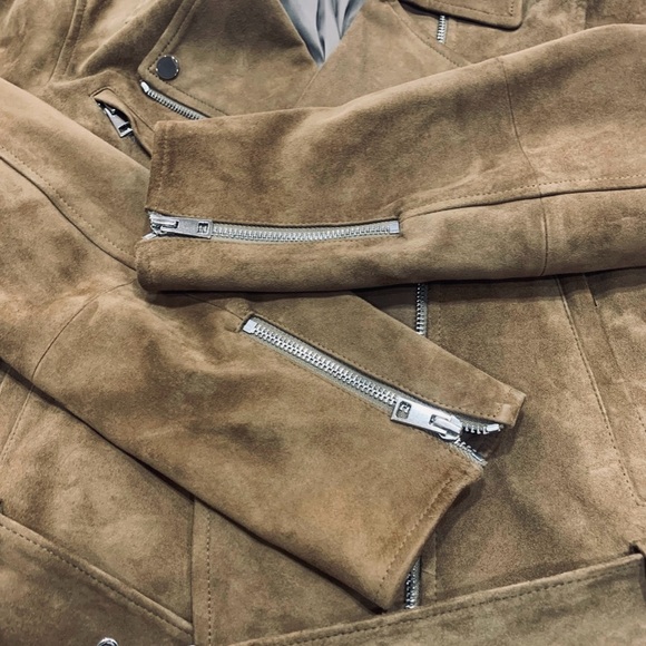 Theory Cropped Lambskin Suede Leather Moto Jacket in Caramel Sz S - Picture 5 of 14